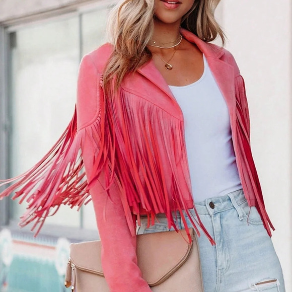 Jackets & Blazers - Long Sleeve Fringe Open Front Faux Suede Moto Jacket